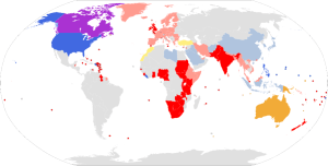 Global distribution of British, American, Canadian and Australian English spelling conventions.